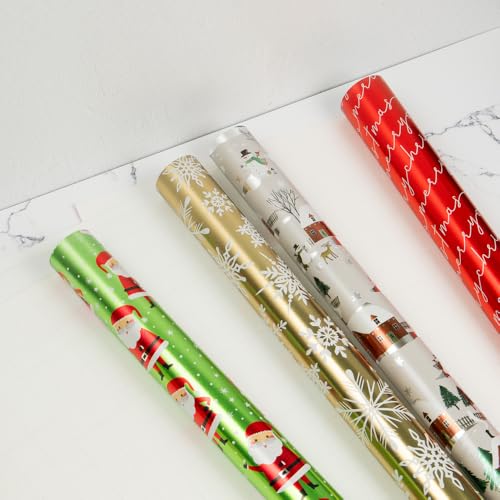 JAMPaper Assorted Gift Wrap - Christmas Foil Wrapping Paper - 100 Sq Ft Total - Elegant Merry Christmas Reindeer Set - 4 Rolls/Pack