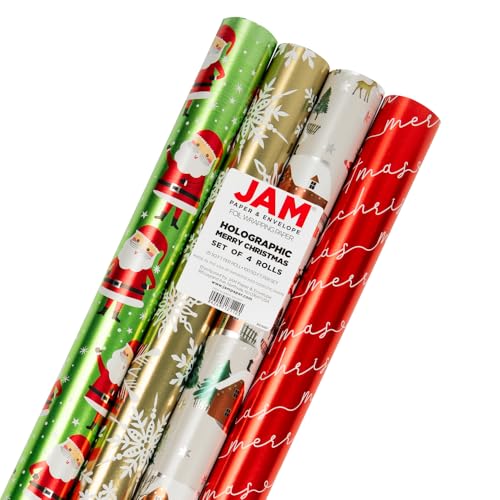 JAMPaper Assorted Gift Wrap - Christmas Foil Wrapping Paper - 100 Sq Ft Total - Elegant Merry Christmas Reindeer Set - 4 Rolls/Pack