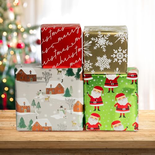 JAMPaper Assorted Gift Wrap - Christmas Foil Wrapping Paper - 100 Sq Ft Total - Elegant Merry Christmas Reindeer Set - 4 Rolls/Pack