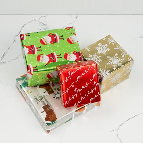 JAMPaper Assorted Gift Wrap - Christmas Foil Wrapping Paper - 100 Sq Ft Total - Elegant Merry Christmas Reindeer Set - 4 Rolls/Pack