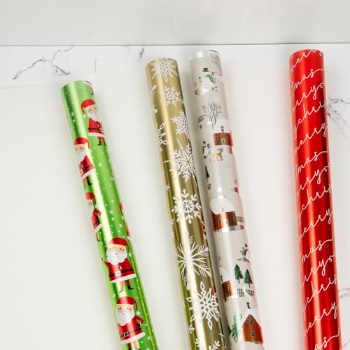 JAMPaper Assorted Gift Wrap - Christmas Foil Wrapping Paper - 100 Sq Ft Total - Elegant Merry Christmas Reindeer Set - 4 Rolls/Pack