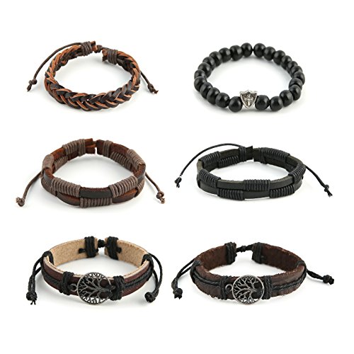 HZMAN Genuine Leather Tree of life Bracelets Men Women, Tiger Eye Natural Stone Lava Rock Beads Ethnic Tribal Elastic Bracelets Wristbands (2Pcs)