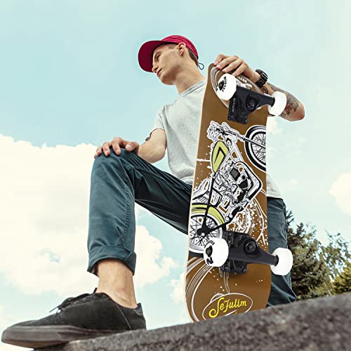 Sefulim 31 x 8 Inch Complete Skateboard 7 Layer Canadian Maple Double Kick Deck Concave Cruiser Trick Skateboard for Boys Girls Teens Adults Beginner