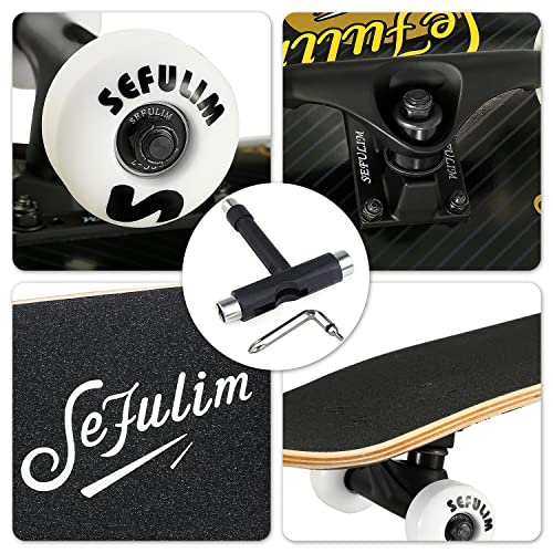 Sefulim 31 x 8 Inch Complete Skateboard 7 Layer Canadian Maple Double Kick Deck Concave Cruiser Trick Skateboard for Boys Girls Teens Adults Beginner