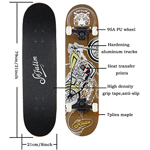 Sefulim 31 x 8 Inch Complete Skateboard 7 Layer Canadian Maple Double Kick Deck Concave Cruiser Trick Skateboard for Boys Girls Teens Adults Beginner