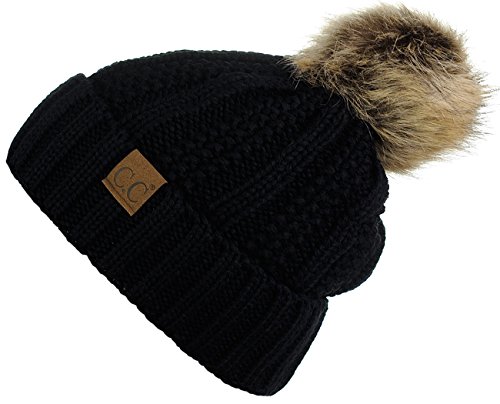 C.C Thick Cable Knit Faux Fuzzy Fur Pom Fleece Lined Skull Cap Cuff Beanie, Black