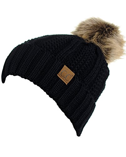 C.C Thick Cable Knit Faux Fuzzy Fur Pom Fleece Lined Skull Cap Cuff Beanie, Black