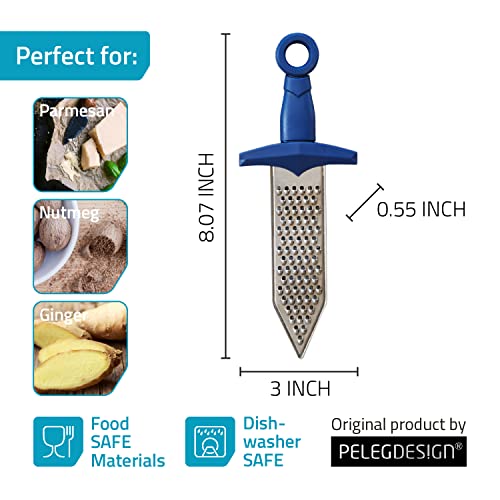 PELEG DESIGN – Gratiator Small Cheese Grater Stainless Steel Sword-Shaped Grating Utensil Lemon Zester Tool with Royal Blue Plastic Handle | Mini Cheese Grater for Parmesan Cheese Ginger Vegetables