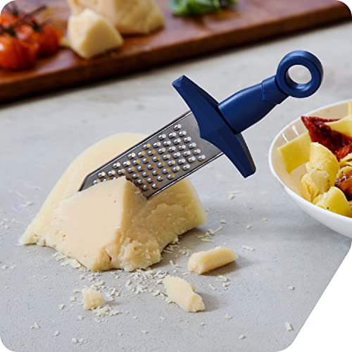 PELEG DESIGN – Gratiator Small Cheese Grater Stainless Steel Sword-Shaped Grating Utensil Lemon Zester Tool with Royal Blue Plastic Handle | Mini Cheese Grater for Parmesan Cheese Ginger Vegetables