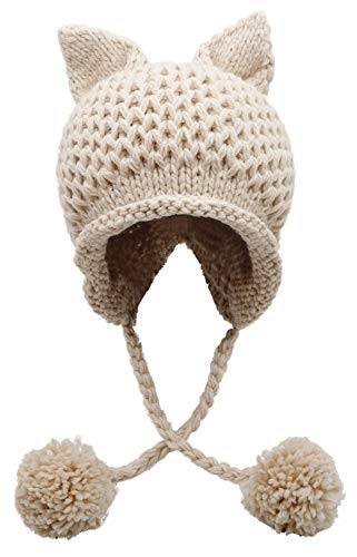 Bellady Winter Cute Cat Ears Knit Hat Ear Flap Crochet Beanie Hat,Beige