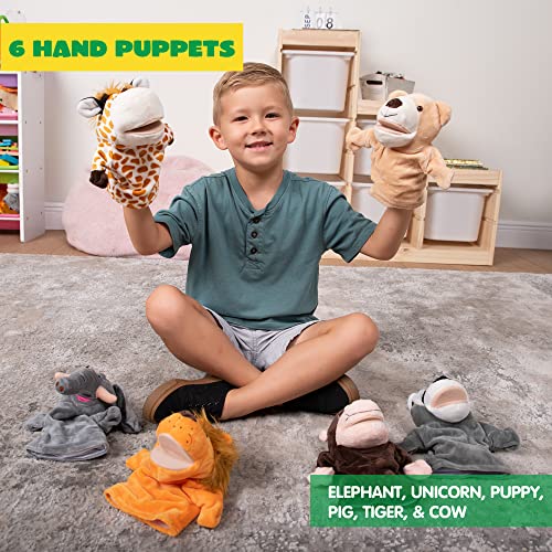 JOYIN 6Pcs Kids Hand Puppet Set with Working Mouth, Toddler Animal Plush Toy Includes Elephant, Giraffe, Lion, Bear, Raccoon and Monkey for Show Theater, Birthday Gifts