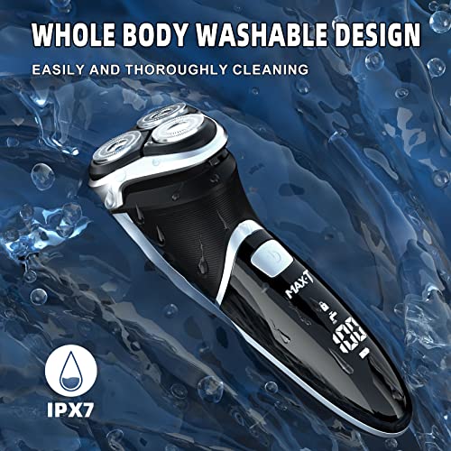 Electric Shaver Razor for Men, MAX-T Quick Rechargeable Wet Dry Rotary Shaver with Pop Up Trimmer and LED Display, IPX7 100% Waterproof (8101 with USB Cable)