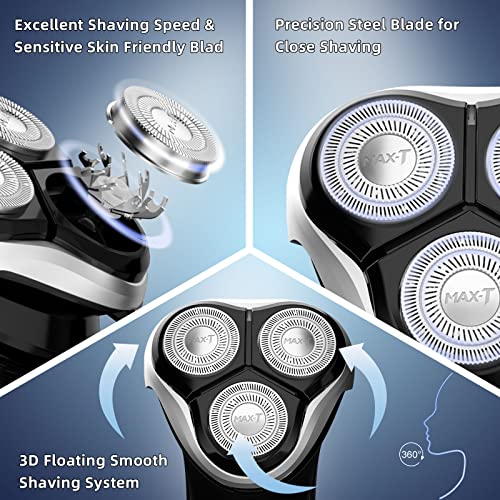 Electric Shaver Razor for Men, MAX-T Quick Rechargeable Wet Dry Rotary Shaver with Pop Up Trimmer and LED Display, IPX7 100% Waterproof (8101 with USB Cable)