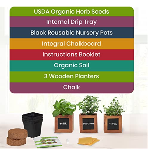 Indoor Herb Garden Kit - includes 3 Wooden Herb Pots, Internal drip Trays, Soil Pellets, Chalk, Instructions Booklet and Basil, Oregano & Thyme Non GMO Herb Seeds. DIY Kitchen Herbs Growing Kit.…