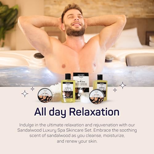 SpaLife Men's Sandalwood Luxury Spa Skincare Set - Complete Care Kit for Rugged Revitalization, Exfoliating Scrub - Bath and Body Collection for Cleansing, Moisturizing, and Rejuvenation