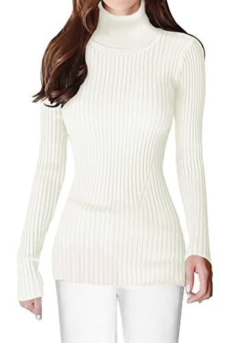 v28 Women Stretchable Turtleneck Knit Long Sleeve Slim Fit Sweater (S,White)