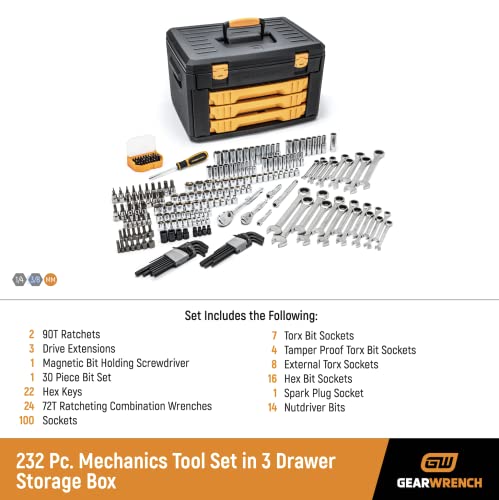 GEARWRENCH Mechanics Tool Set in 3 Drawer Storage Box, 232 Piece