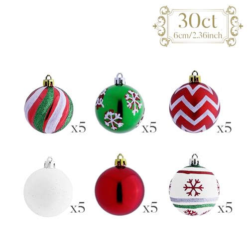 Valery Madelyn Christmas Ornaments Tree Decorations, 30ct Red Green White Shatterproof Christmas Ball Ornaments Set, 2.36 Inch Decorative Hanging Ornament Bulk for Xmas Holiday Party Decor