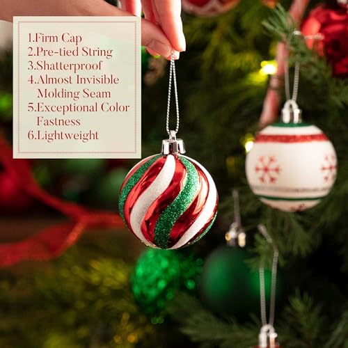 Valery Madelyn Christmas Ornaments Tree Decorations, 30ct Red Green White Shatterproof Christmas Ball Ornaments Set, 2.36 Inch Decorative Hanging Ornament Bulk for Xmas Holiday Party Decor