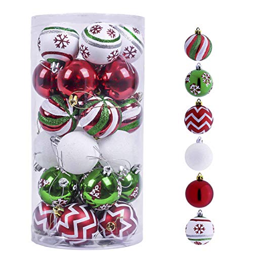 Valery Madelyn Christmas Ornaments Tree Decorations, 30ct Red Green White Shatterproof Christmas Ball Ornaments Set, 2.36 Inch Decorative Hanging Ornament Bulk for Xmas Holiday Party Decor