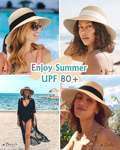 FURTALK Womens Beach Sun Straw Hat UV UPF50 Travel Foldable Brim Summer UV Hat