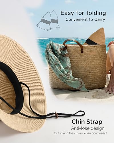 FURTALK Womens Beach Sun Straw Hat UV UPF50 Travel Foldable Brim Summer UV Hat