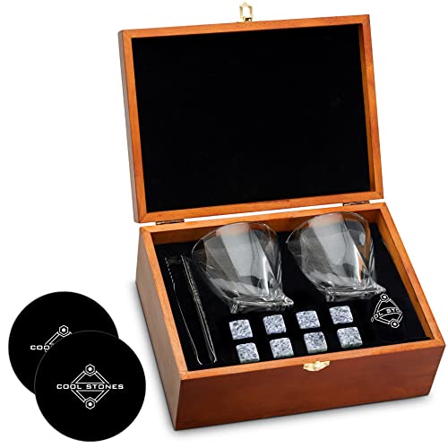 Whiskey Glass Gift Set - 2 Whiskey Glasses and Whiskey Stones with Tongs in Velvet Bag All Presented in an Elegant Wooden Box for Men (Classic-Wood-White-Rocks)