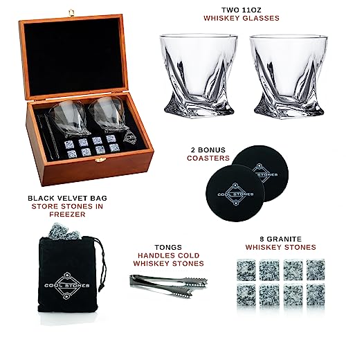 Whiskey Glass Gift Set - 2 Whiskey Glasses and Whiskey Stones with Tongs in Velvet Bag All Presented in an Elegant Wooden Box for Men (Classic-Wood-White-Rocks)