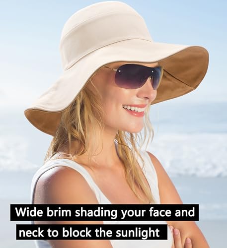 Womens Foldable Shapeable Brim Sun Hat UPF 50+ Cotton Wide Brim Beach Adjustable Chin Strap Hat Sun Protection Cap