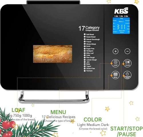 KBS Pro Stainless Steel Bread Machine, 2LB 17-in-1 Programmable XL Bread Maker with Fruit Nut Dispenser, Nonstick Ceramic Pan& Digital Touch Panel, 3 Loaf Sizes 3 Crust Colors, Reserve& Keep Warm Set