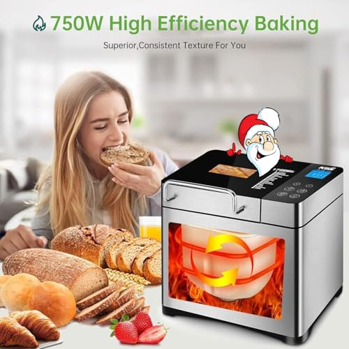 KBS Pro Stainless Steel Bread Machine, 2LB 17-in-1 Programmable XL Bread Maker with Fruit Nut Dispenser, Nonstick Ceramic Pan& Digital Touch Panel, 3 Loaf Sizes 3 Crust Colors, Reserve& Keep Warm Set