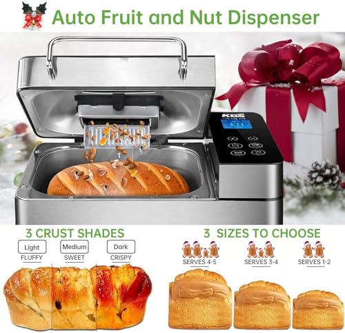 KBS Pro Stainless Steel Bread Machine, 2LB 17-in-1 Programmable XL Bread Maker with Fruit Nut Dispenser, Nonstick Ceramic Pan& Digital Touch Panel, 3 Loaf Sizes 3 Crust Colors, Reserve& Keep Warm Set