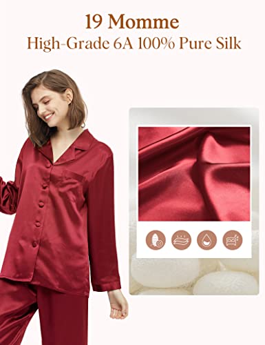 LilySilk Silk Pajamas for Women Button Up Pajamas Set for Ladies Girls Soft Maternity Pajamas Birthday Bridal Party Gift for Christmas Anniversary Valentine's day, Claret L