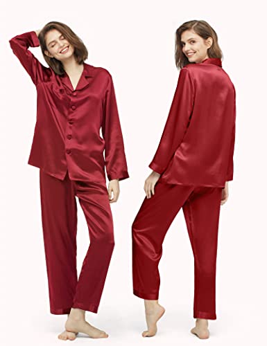 LilySilk Silk Pajamas for Women Button Up Pajamas Set for Ladies Girls Soft Maternity Pajamas Birthday Bridal Party Gift for Christmas Anniversary Valentine's day, Claret L