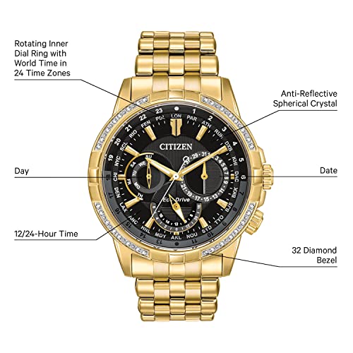 Citizen Men's Eco-Drive Classic Calendrier Watch in Gold-Tone Stainless Steel, Diamonds, Black Dial (Model: BU2082-56E)