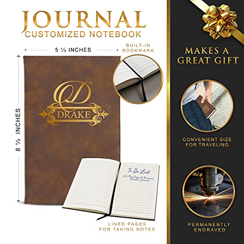 Custom Engraved Thoughts Journal Notebook for Women, Men, Writers, Teachers, Students, Girls, Boys - Personalized and Monogrammed (Rawhide with Gold)