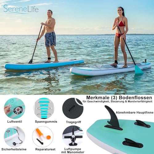 SereneLife Stand up Paddle Board Inflatable - Non-Slip SUP Paddle Board Paddle, Pump, Leash, and Accessories - Fun Water inflatable paddle board for Adults and Youth with Wide Stable Design