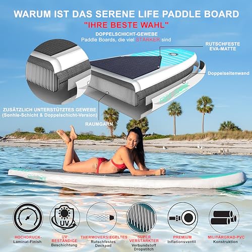 SereneLife Stand up Paddle Board Inflatable - Non-Slip SUP Paddle Board Paddle, Pump, Leash, and Accessories - Fun Water inflatable paddle board for Adults and Youth with Wide Stable Design