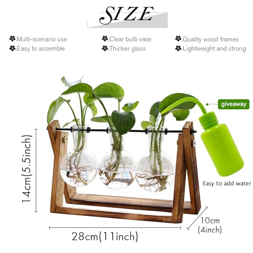 XXXFLOWER Plant Terrarium with Wooden Stand, Air Planter Bulb Glass Vase Metal Swivel Holder Retro Tabletop for Hydroponics Home Garden Office Decoration - 3 Bulb Vase