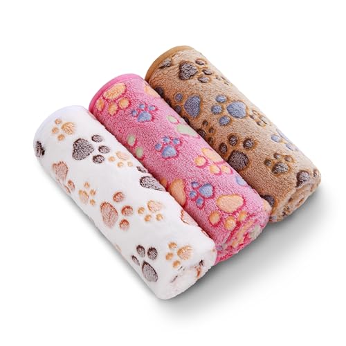 1 Pack 3 Blankets Super Soft Fluffy Premium Fleece Pet Blanket Flannel Throw for Dog Puppy Cat Paw Brown/Pink/White Small(23x16 inch)