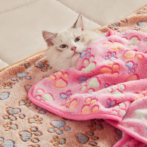 1 Pack 3 Blankets Super Soft Fluffy Premium Fleece Pet Blanket Flannel Throw for Dog Puppy Cat Paw Brown/Pink/White Small(23x16 inch)