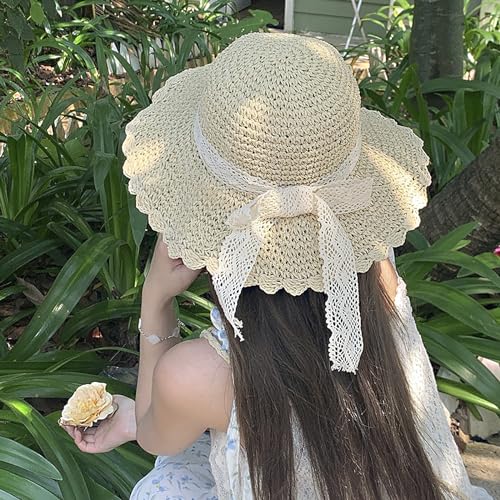 Summer Beach Sun Straw Hats for Women Wide Brim Packable Travel Bucket Hats UPF 50+