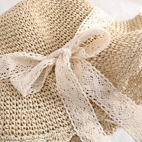 Summer Beach Sun Straw Hats for Women Wide Brim Packable Travel Bucket Hats UPF 50+