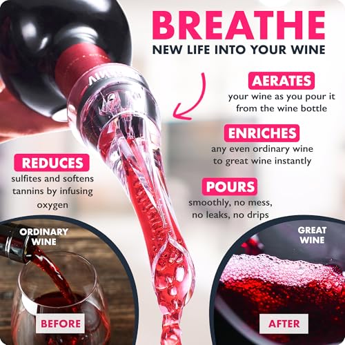 VINABON Wine Aerator Pourer Spout - Professional Quality Wine Aerator Attaches to Wine Bottle for Improved Flavor, Enhanced Bouquet, Rich Finish and Bubbles, No-Drip, Spill. Includes WineGuide Ebook