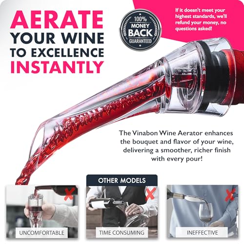 VINABON Wine Aerator Pourer Spout - Professional Quality Wine Aerator Attaches to Wine Bottle for Improved Flavor, Enhanced Bouquet, Rich Finish and Bubbles, No-Drip, Spill. Includes WineGuide Ebook