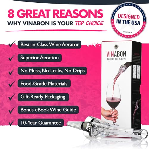 VINABON Wine Aerator Pourer Spout - Professional Quality Wine Aerator Attaches to Wine Bottle for Improved Flavor, Enhanced Bouquet, Rich Finish and Bubbles, No-Drip, Spill. Includes WineGuide Ebook