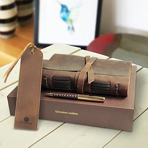 Leather Journal Gift Set with Antique Leather Bookmark + Pen, Handmade Writing Notebook 7x5 Inches Unlined Leather Bound Daily Notepad for Men for Women, Luxury Gift Box Diary for All Ages