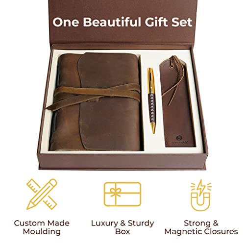 Leather Journal Gift Set with Antique Leather Bookmark + Pen, Handmade Writing Notebook 7x5 Inches Unlined Leather Bound Daily Notepad for Men for Women, Luxury Gift Box Diary for All Ages