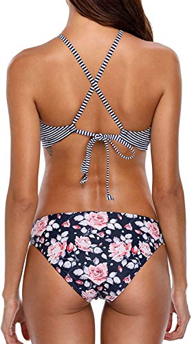 beautyin Womens Floral Striped Halter High Neck Bikini Swimsuit Set Cross Back