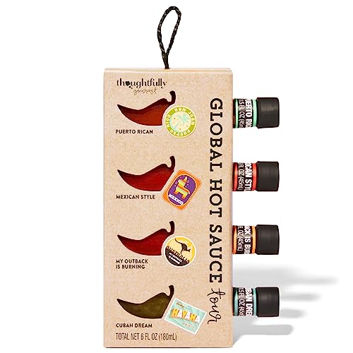 Thoughtfully Gourmet, Global Hot Sauce Gift Set, Internationally Inspired Flavors Include Puerto Rican Mango Habanero, Mexican Style Hot Sauce & More, Set of 4